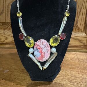 Vintage Artisans Rhodochrosite, Pearl and UV Glass Cabochon Statement Necklace